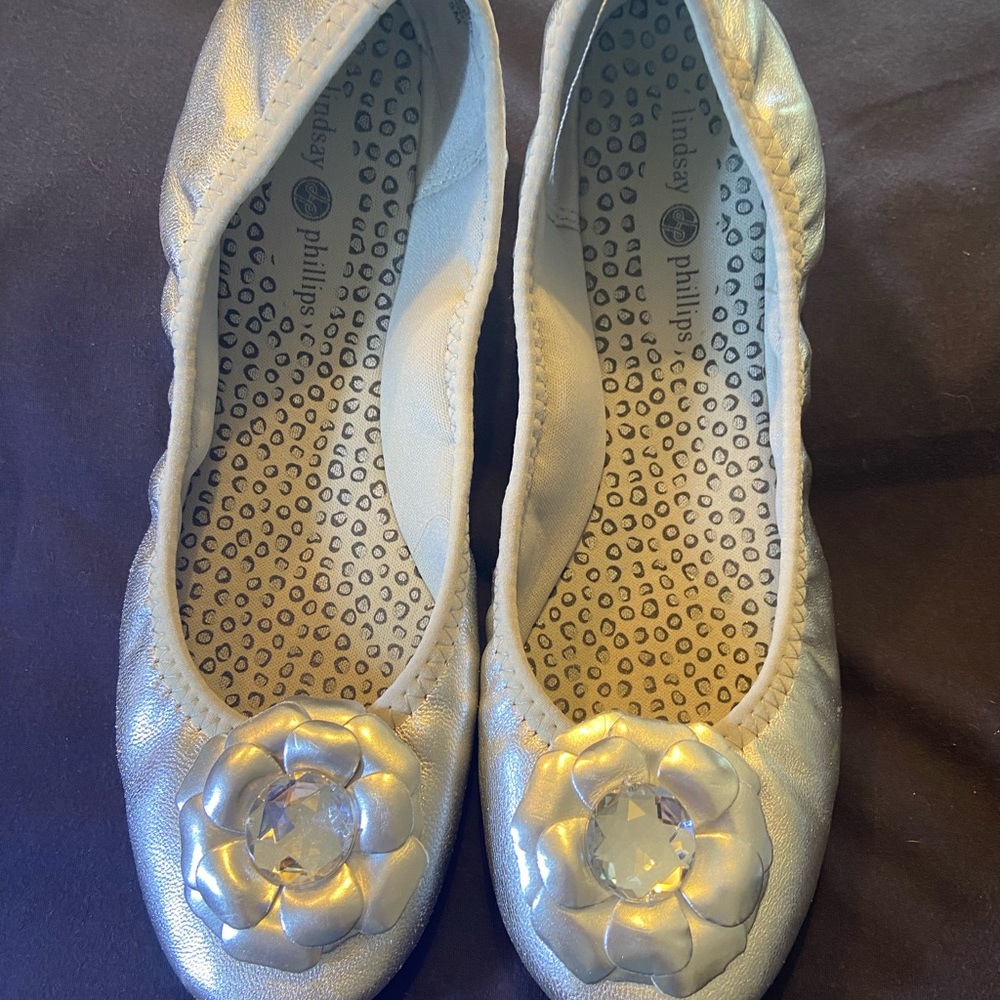 Lindsay Phillips Metallic Silver Flats with Floral Accent